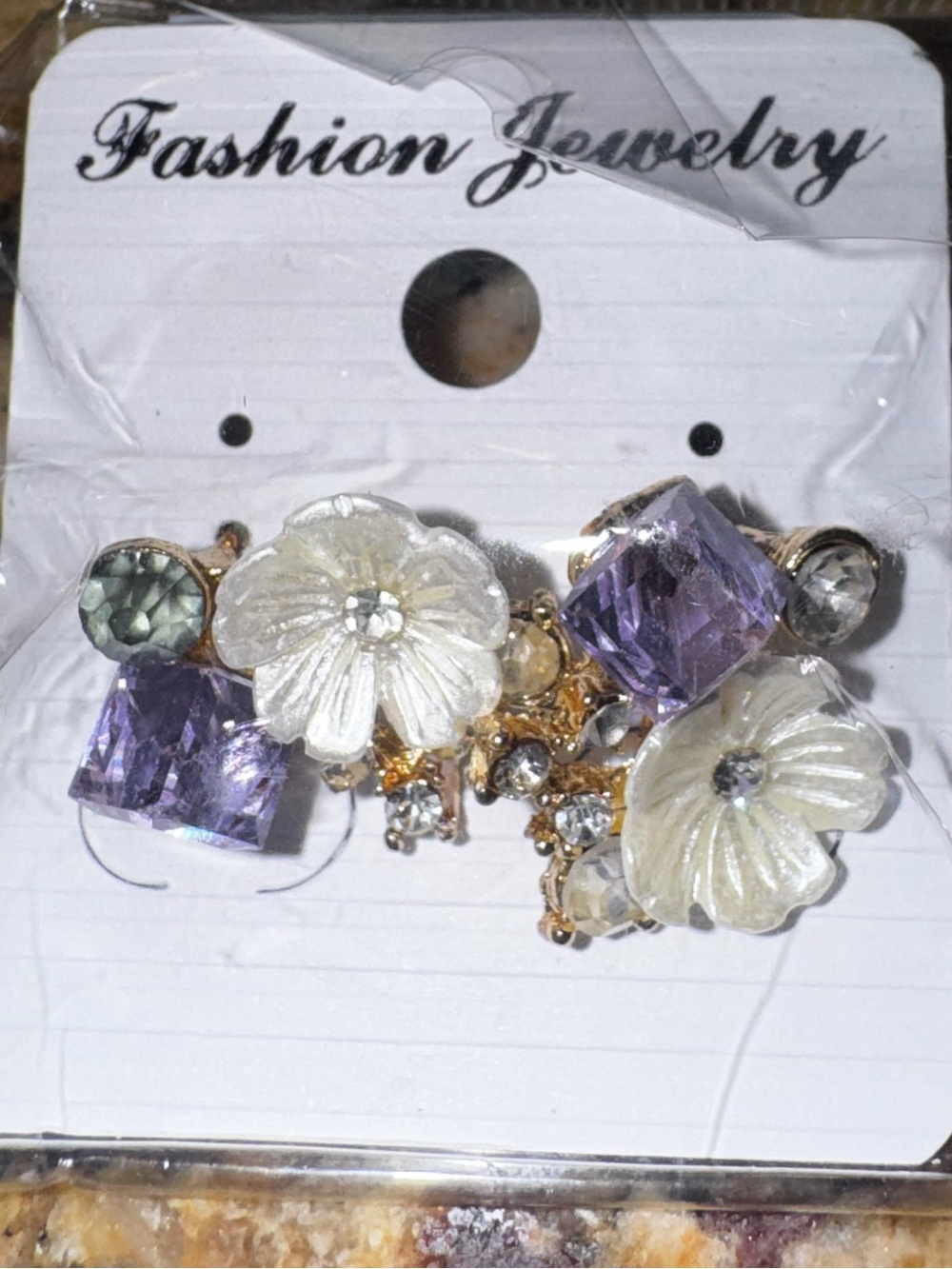 Fashion Jewelry White Floral Earrings with Purple and Green Accents